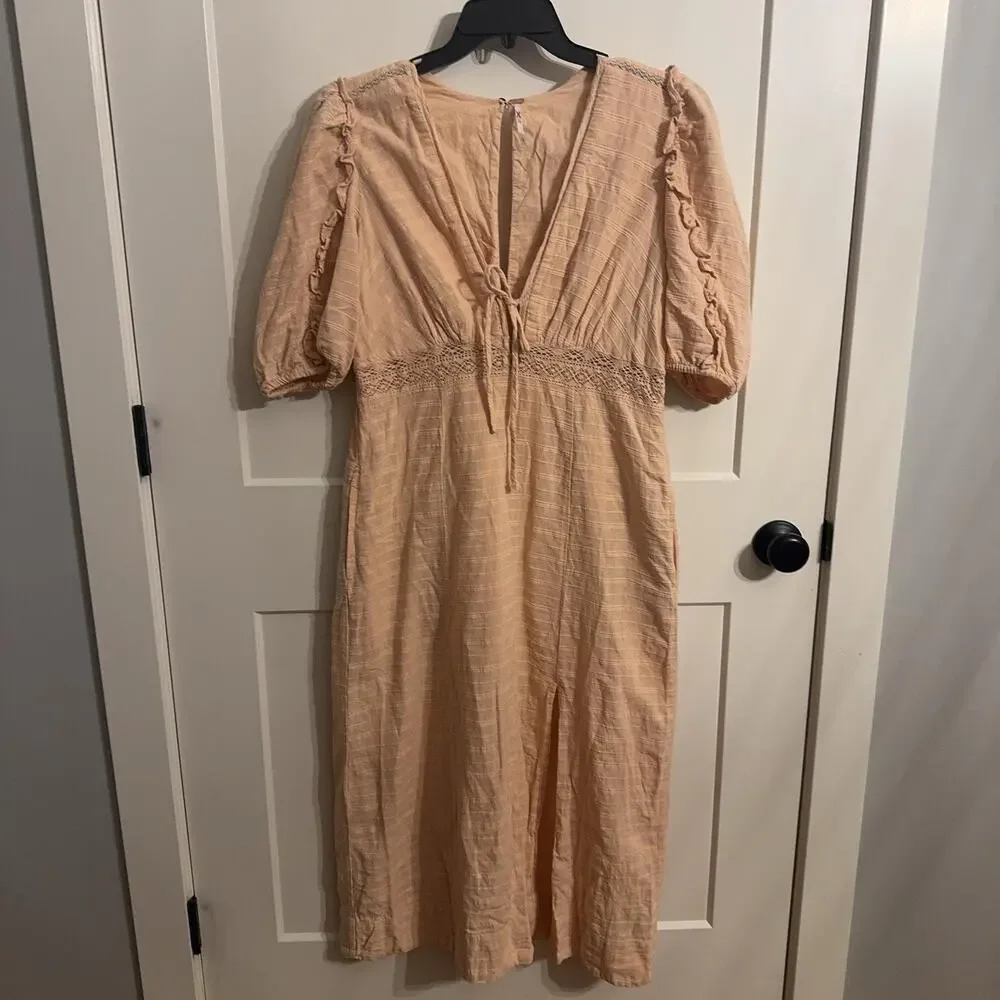 Free People Dress Womens 10 Beige Cotton Puff Sleeve Maxi Crochet Boho Pockets - Picture 1 of 9